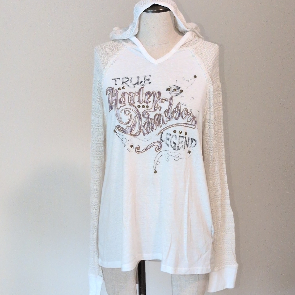 Large Harley-Davidson Women's Cream Graphic Hoodie Crochet